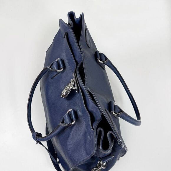 Michael Kors Saffiano Leather Chainlink Hamilton Tote Bag Navy Blue Silver - Picture 5 of 13